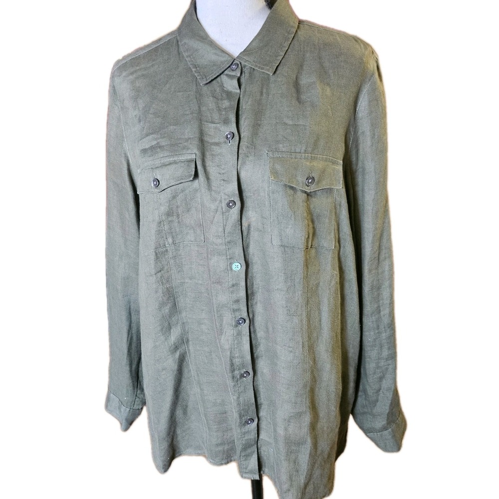 J.Jill Love Linen Long Sleeve Button Up Top Olive Green Womens L 1-01631